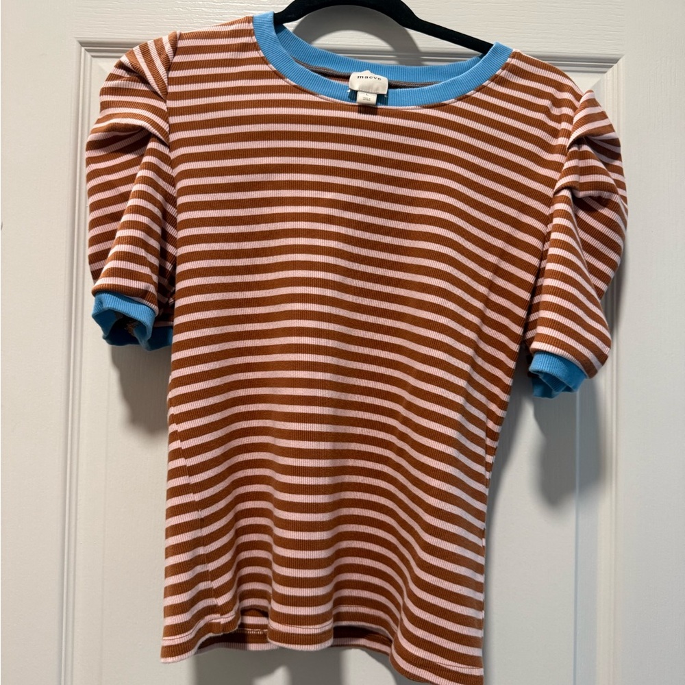 Maeve Anthropology-Striped Puff Sleeve Women’s Top - Brown, Pink with Blue Trim
